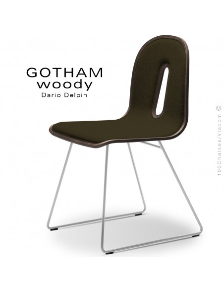 Chaise GOTHAM WOODY-SL-I, piétement luge blanc, assise et dossier bois noyer, habillage tissu 404marron.