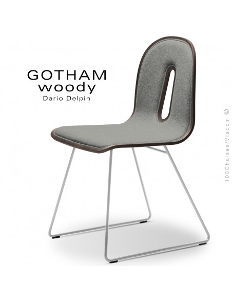 Chaise GOTHAM WOODY-SL-I, piétement luge blanc, assise et dossier bois noyer, habillage tissu 600gris.