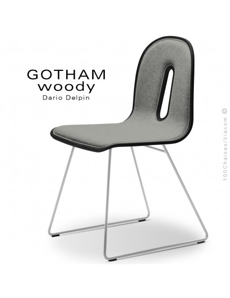 Chaise GOTHAM WOODY-SL-I, piétement luge blanc, assise et dossier bois noir, habillage tissu 600gris.