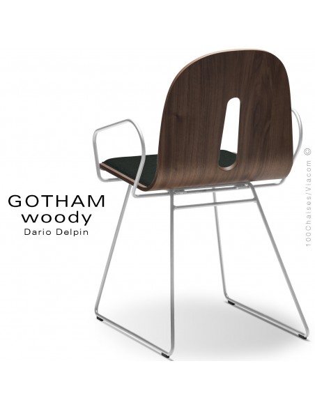 Fauteuil GOTHAM WOODY-SL-P-I, piétement luge blanc, assise et dossier bois noyer, habillage tissu 702noir.