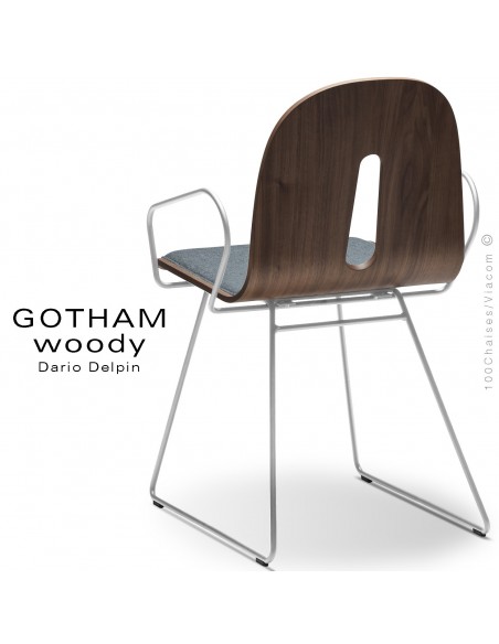 Fauteuil GOTHAM WOODY-SL-P-I, piétement luge blanc, assise et dossier bois noyer, habillage tissu 7001bleu.