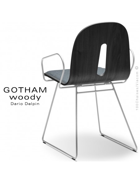 Fauteuil GOTHAM WOODY-SL-P-I, piétement luge blanc, assise et dossier bois noir, habillage tissu 7001bleu.