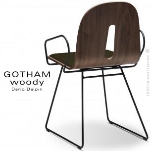 Fauteuil GOTHAM WOODY-SL-P-I, piétement luge noir, assise et dossier bois noyer, habillage tissu 404marron.