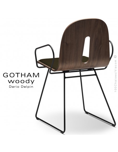 Fauteuil GOTHAM WOODY-SL-P-I, piétement luge noir, assise et dossier bois noyer, habillage tissu 404marron.