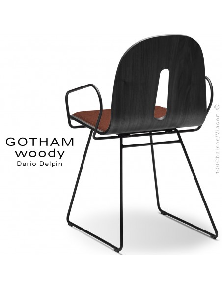 Fauteuil GOTHAM WOODY-SL-P-I, piétement luge noir, assise et dossier bois noir, habillage tissu 302rouge.