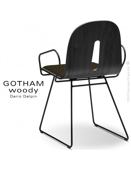 Fauteuil GOTHAM WOODY-SL-P-I, piétement luge noir, assise et dossier bois noir, habillage tissu 404marron.