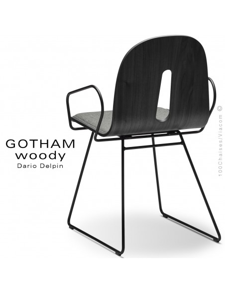 Fauteuil GOTHAM WOODY-SL-P-I, piétement luge noir, assise et dossier bois noir, habillage tissu 600gris.