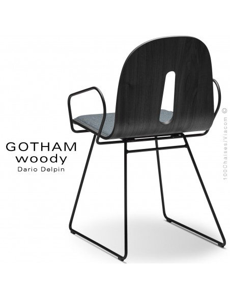 Fauteuil GOTHAM WOODY-SL-P-I, piétement luge noir, assise et dossier bois noir, habillage tissu 7001bleu.