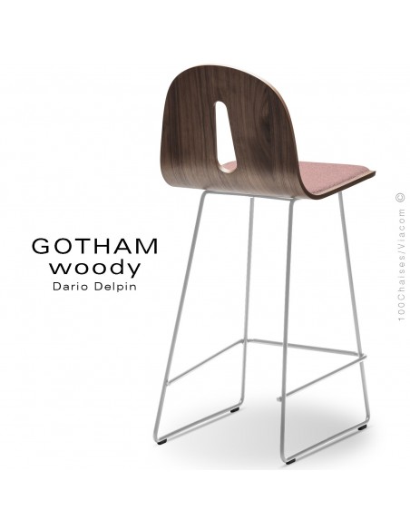 Tabouret de cuisine GOTHAM WOODY-SL-SG-65-I, piétement blanc, assise noyer, tissu 301rose.