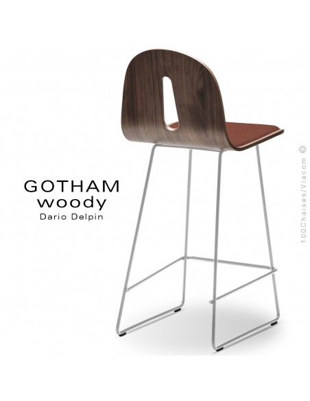 Tabouret de cuisine GOTHAM WOODY-SL-SG-65-I, piétement blanc, assise noyer, tissu 302rouge.