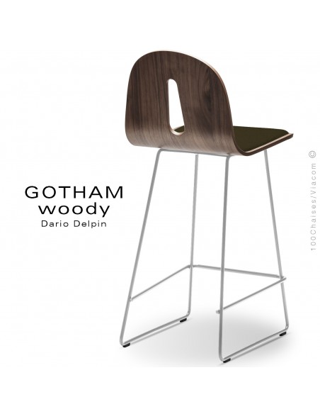 Tabouret de cuisine GOTHAM WOODY-SL-SG-65-I, piétement blanc, assise noyer, tissu 404marron.