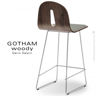 Tabouret de cuisine GOTHAM WOODY-SL-SG-65-I, piétement blanc, assise noyer, tissu 600gris.