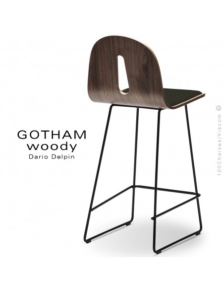 Tabouret de cuisine GOTHAM WOODY-SL-SG-65-I, piétement noir, assise noyer, tissu 203anthracite.