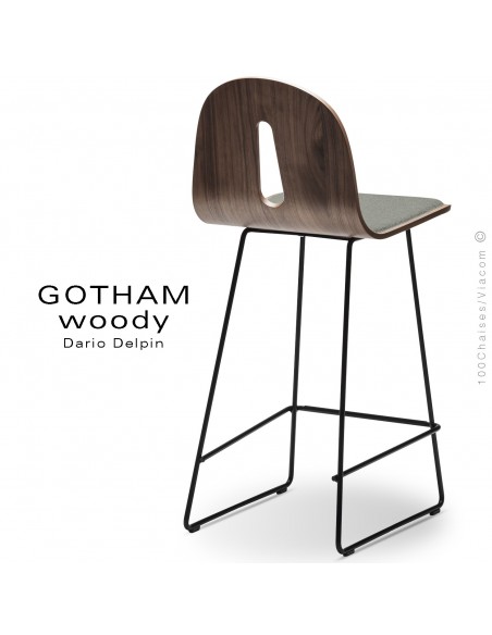 Tabouret de cuisine GOTHAM WOODY-SL-SG-65-I, piétement noir, assise noyer, tissu 600gris.