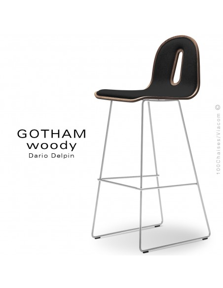 Tabouret de bar GOTHAM WOODY-SL-SG-80-I, piétement blanc, assise noyer, tissu 702noir.