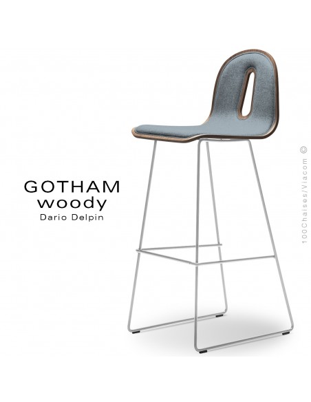 Tabouret de bar GOTHAM WOODY-SL-SG-80-I, piétement blanc, assise noyer, tissu 7001bleu.