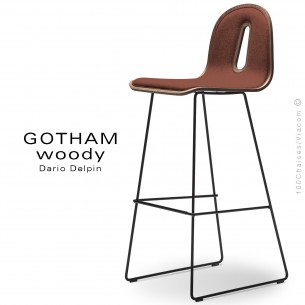 Tabouret de bar GOTHAM WOODY-SL-SG-80-I, piétement noir, assise noyer, tissu 302rouge.