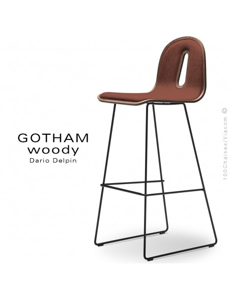 Tabouret de bar GOTHAM WOODY-SL-SG-80-I, piétement noir, assise noyer, tissu 302rouge.