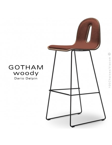 Tabouret de bar GOTHAM WOODY-SL-SG-80-I, piétement noir, assise noyer, tissu 302rouge.