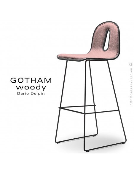 Tabouret de bar GOTHAM WOODY-SL-SG-80-I, piétement noir, assise noir, tissu 301rose.