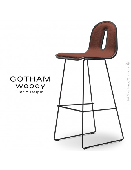 Tabouret de bar GOTHAM WOODY-SL-SG-80-I, piétement noir, assise noir, tissu 302rouge.
