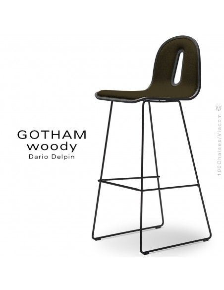 Tabouret de bar GOTHAM WOODY-SL-SG-80-I, piétement noir, assise noir, tissu 404marron.