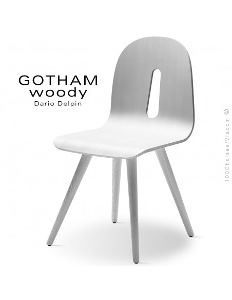 Chaise design GOTHAM WOODY-S, piétement et assise bois frêne laqué blanc.