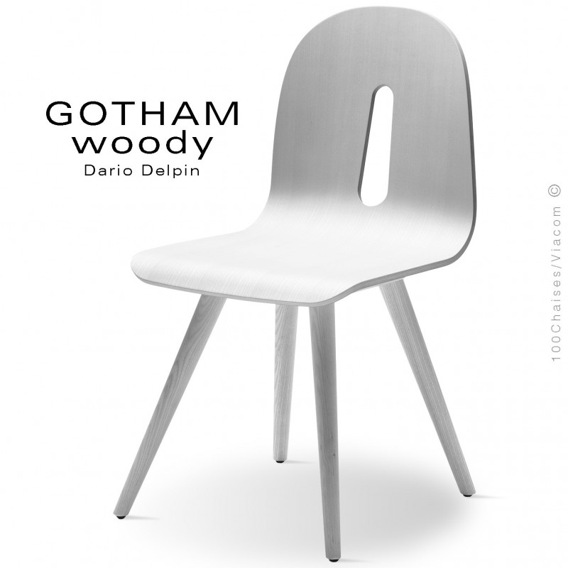 Chaise design GOTHAM WOODY-S, piétement et assise bois frêne laqué blanc.