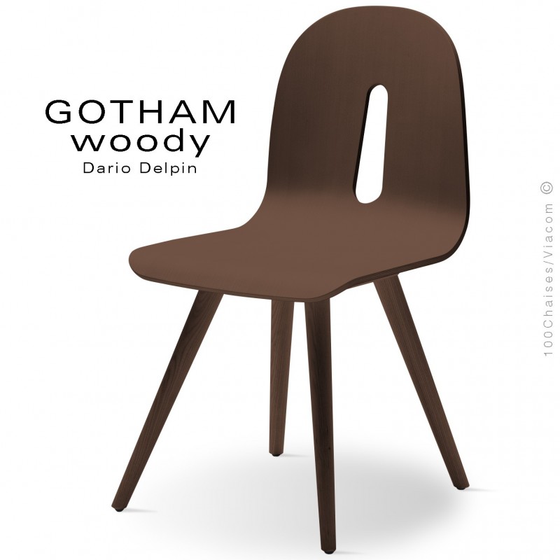 Chaise design GOTHAM WOODY-S, piétement et assise bois noyer.