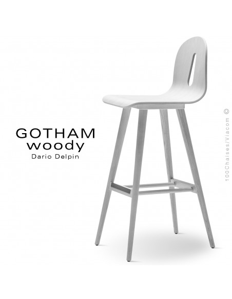 Tabouret de bar GOTHAM WOODY-SG-80, piétement et assise bois blanc