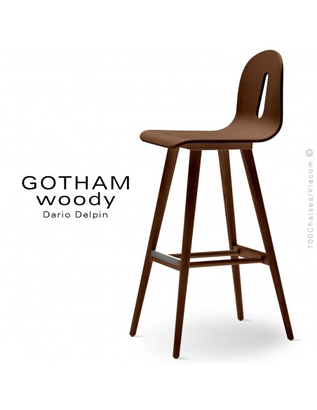 Tabouret de bar GOTHAM WOODY-SG-80, piétement et assise bois noyer.