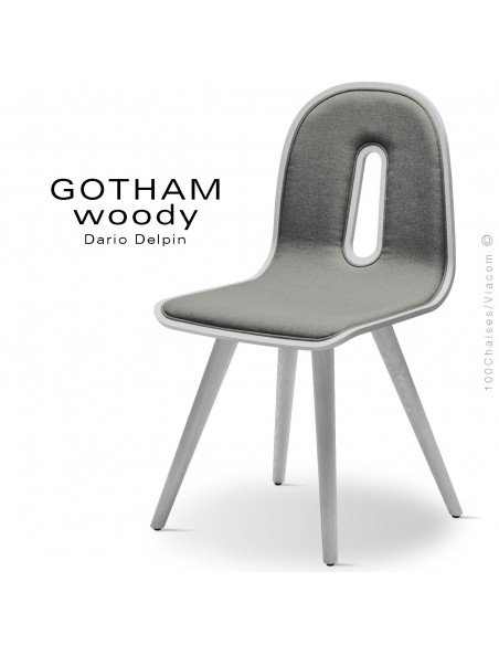 Chaise GOTHAM WOODY-SI, structure et assise blanc, tissu 600gris.
