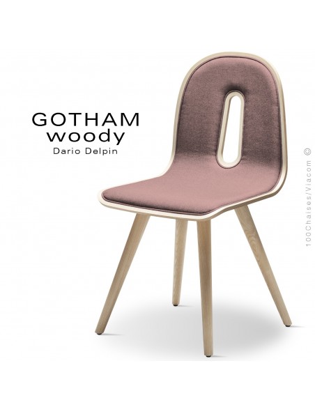 Chaise GOTHAM WOODY-SI, structure et assise frêne, tissu 301rose.