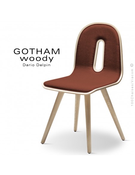 Chaise GOTHAM WOODY-SI, structure et assise frêne, tissu 302rouge.