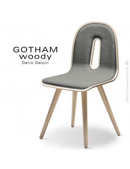 Chaise GOTHAM WOODY-SI, structure et assise frêne, tissu 600gris.