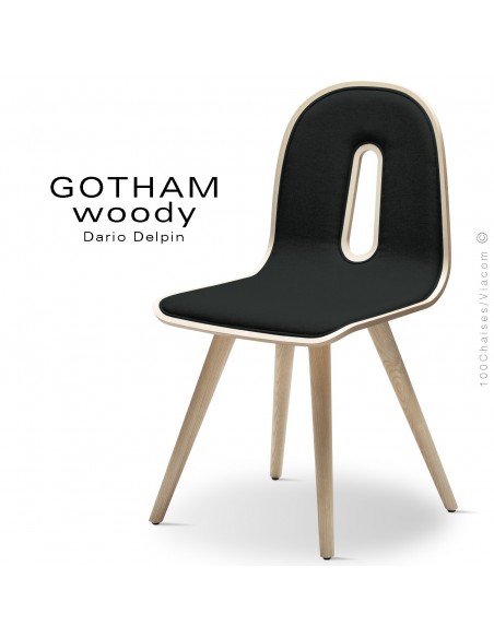 Chaise GOTHAM WOODY-SI, structure et assise frêne, tissu 702noir.