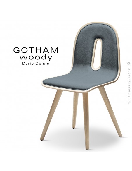 Chaise GOTHAM WOODY-SI, structure et assise frêne, tissu 7001bleu.