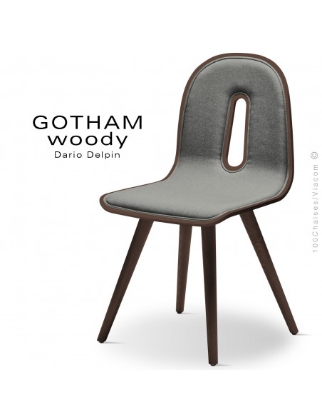 Chaise GOTHAM WOODY-SI, structure et assise noyer, tissu 600gris.