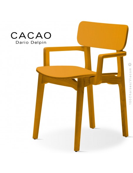 Fauteuil design CACAO-LP, structure et assise bois jaune.