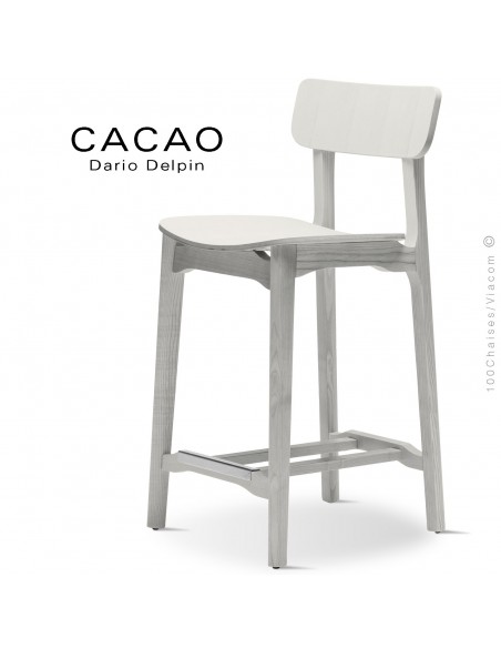 Tabouret de cuisine design CACAO-LSG65, structure et assise bois blanc.