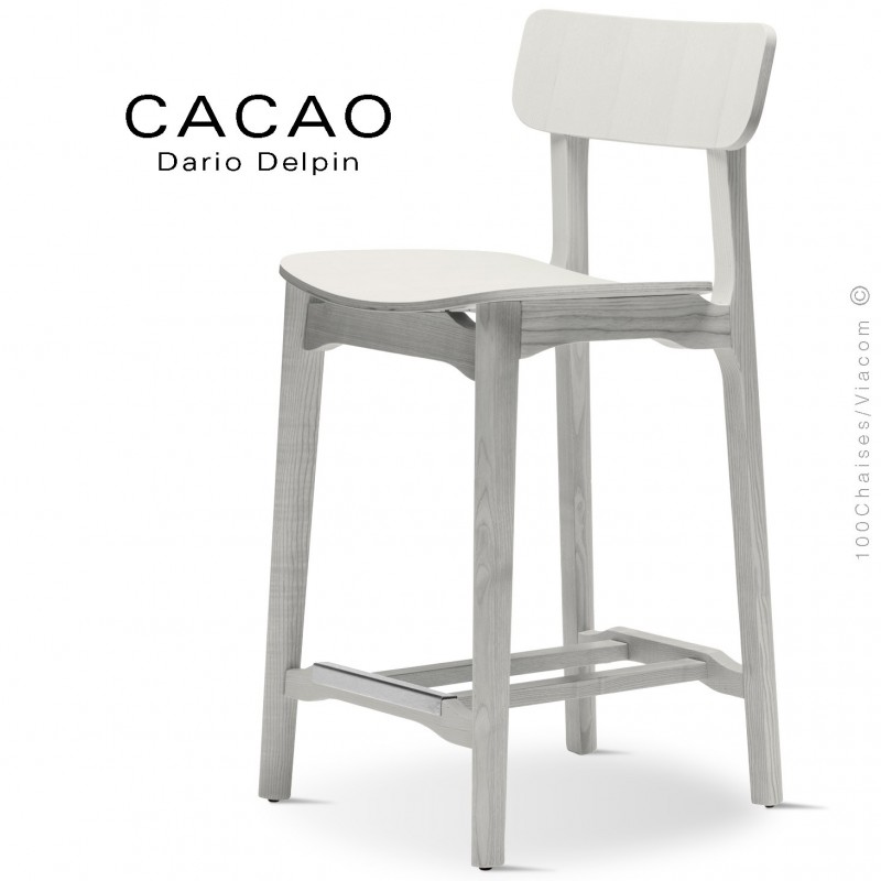 Tabouret de cuisine design CACAO-LSG65, structure et assise bois blanc.