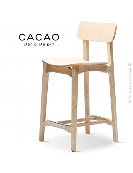 Tabouret de cuisine design CACAO-LSG65, structure et assise bois massif de frêne, finition vernis naturel.