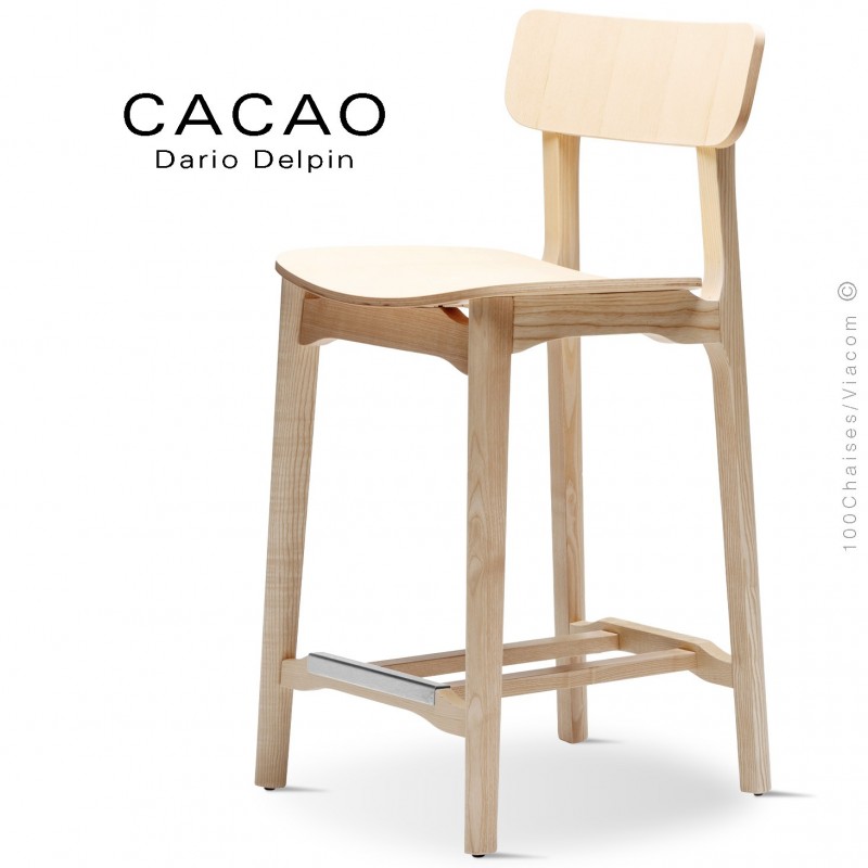 Tabouret de cuisine design CACAO-LSG65, structure et assise bois frêne.