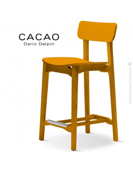 Tabouret de cuisine design CACAO-LSG65, structure et assise bois jaune.