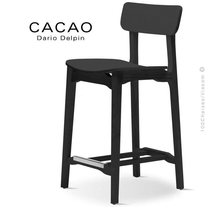 Tabouret de cuisine design CACAO-LSG65, structure et assise bois noir.