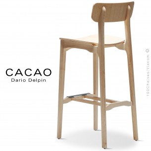 Tabouret bois de bar design CACAO-LSG80, structure et assise bois massif de frêne, avec repose pieds inox, vernis naturel.