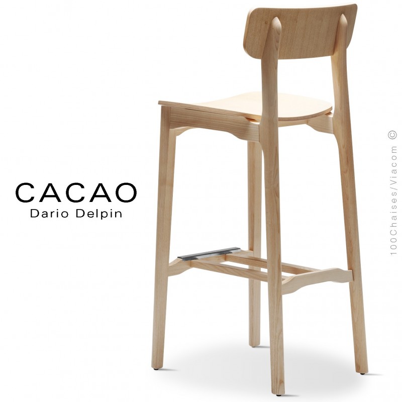 Tabouret de bar design CACAO-LSG80, structure et assise bois frêne.