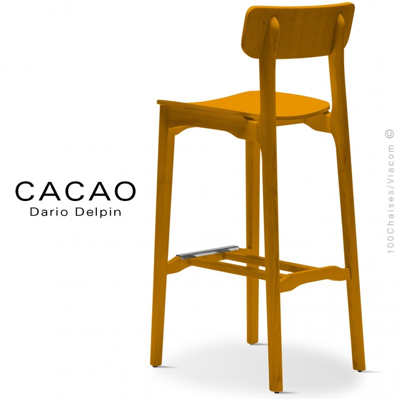 Tabouret de bar design CACAO-LSG80, structure et assise bois jaune.