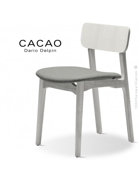 Chaise CACAO-S, piétement bois blanc et assise habillage tissu 600gris.
