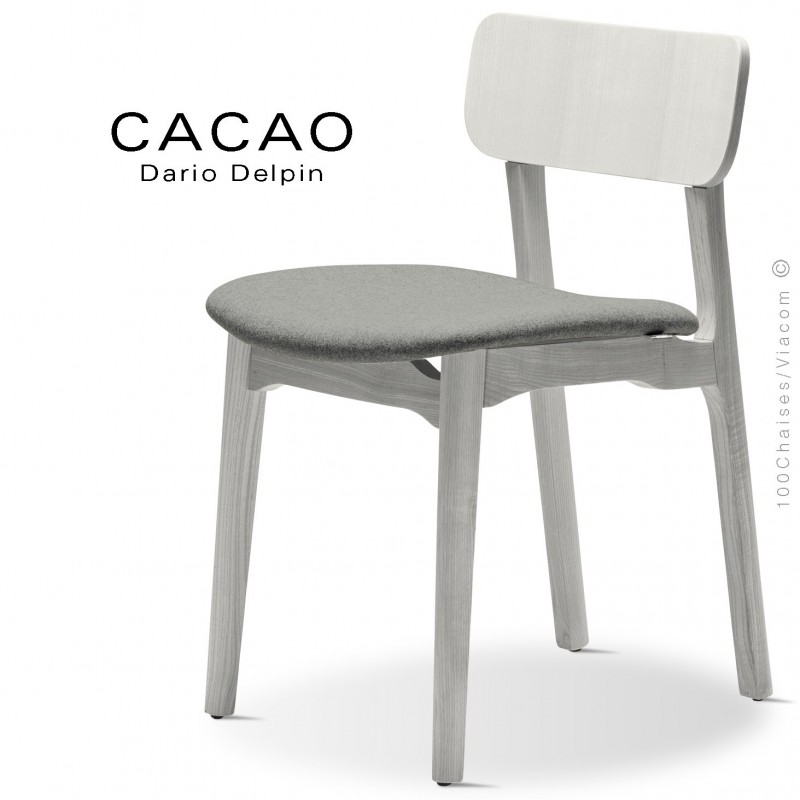 Chaise CACAO-S, piétement bois blanc et assise habillage tissu 600gris.